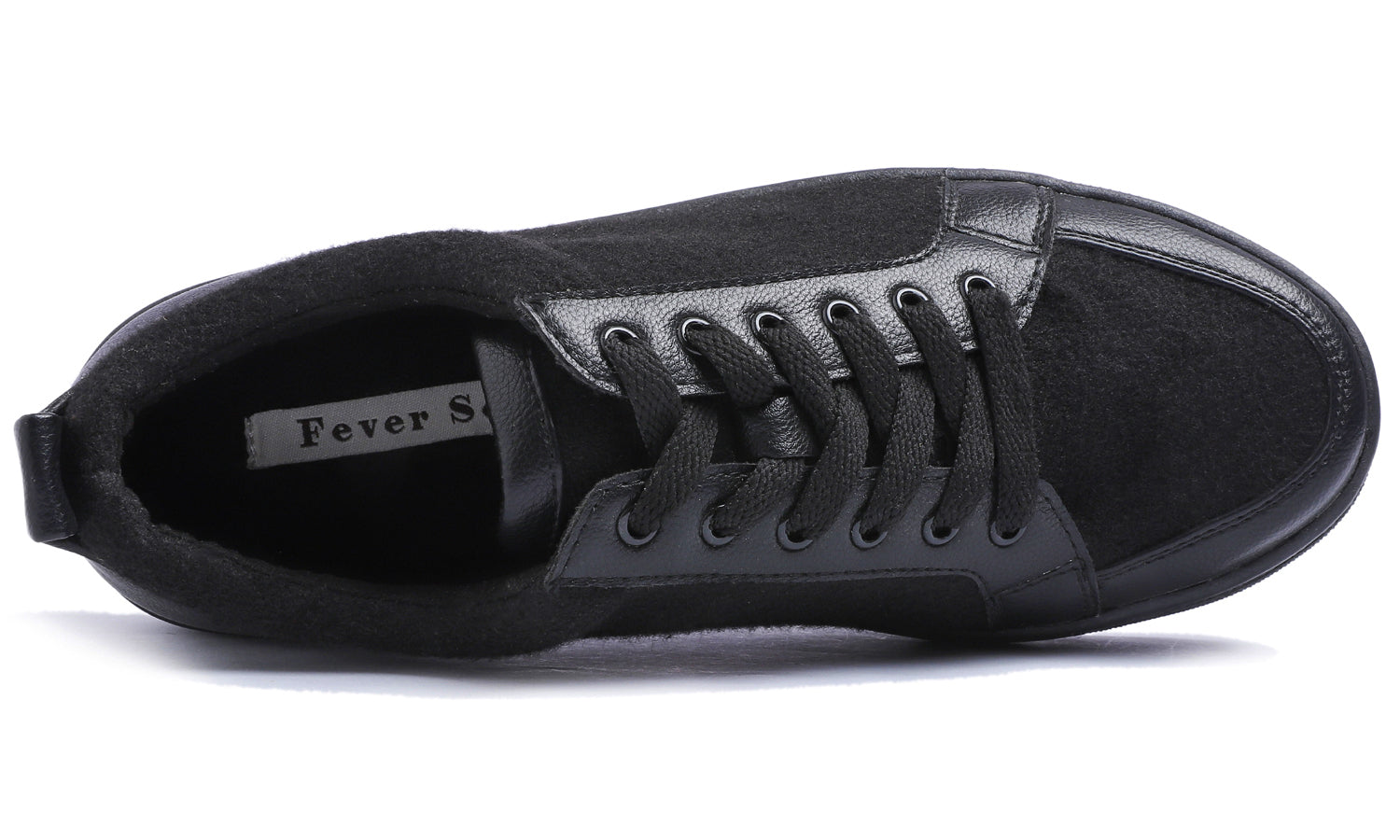 Feversole Women's Winter Vegan Leather Lightweight Platform Lace-Up Street Sneakers Black Faux Woolen PU