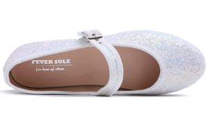 Feversole Women's Soft Cushion Extra Padded Comfort Round Toe Mary Jane Metal Buckle Fashion Ballet Flats Walking Shoes White Glitter