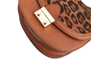 Feversole Crossbody Bag PU Leather Women Retro Small Saddle Satchel Shoulder Bag Tote With Long Adjustable Strap Camel Leopard