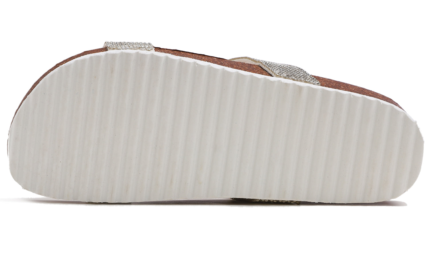 Feversole Women's Fashion Sparkle Slide Sandals Soft Cork Footbed Comfort Flats Silver Rhinestone