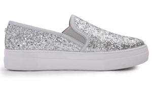 Feversole Women's Glitter Silver Platform Slip On Sneaker Casual Flat Loafers