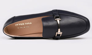 Feversole Women's Fashion Trim Deco Loafer Slippers Navy Grain PU