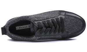 Feversole Women's Winter Vegan Leather Lightweight Platform Lace-Up Street Sneakers Dark Grey Faux Woolen PU