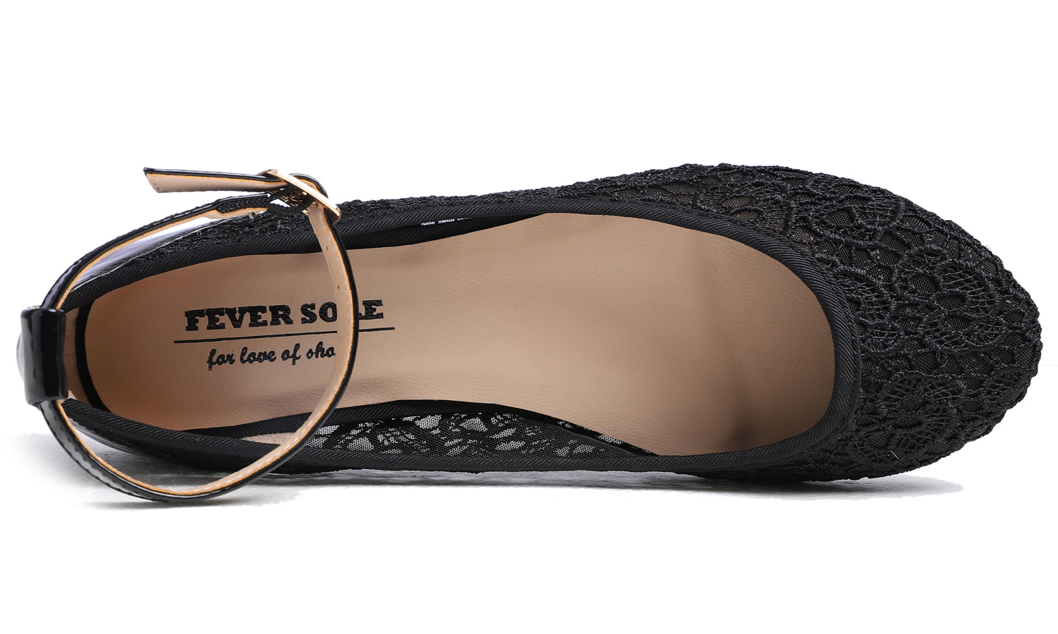 Feversole Women's Mary Jane Fashion Round Toe Easy Buckle Slip On Flats Black Lace Flat Heel Ankle Strap