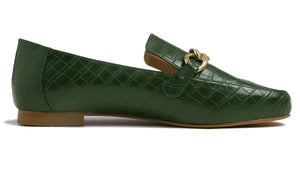 Feversole Women's Fashion Trim Deco Loafer Flats Dark Green Croc Chain