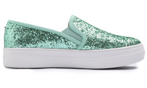 Feversole Women's Glitter Jade Green Platform Slip On Sneaker Casual Flat Loafers