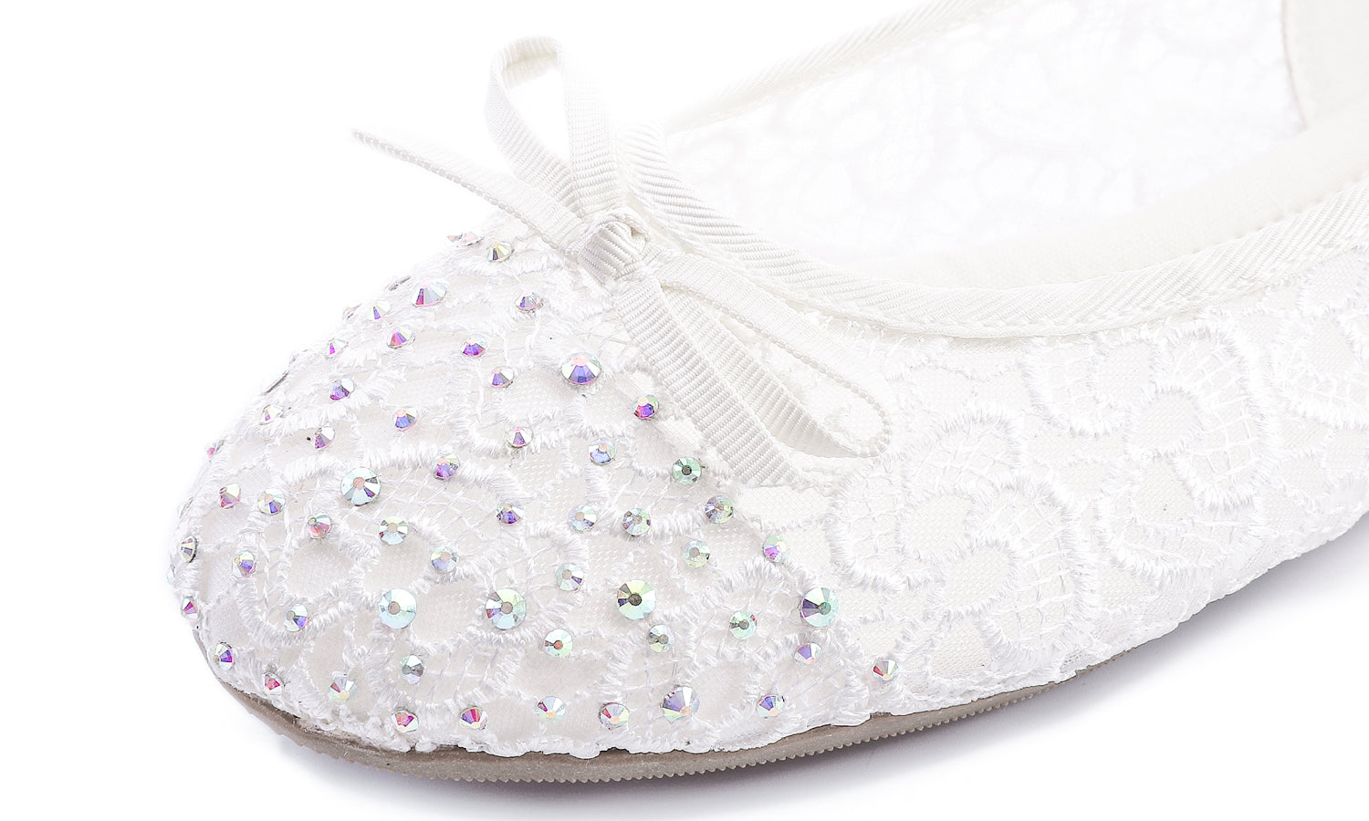 Feversole Round Toe Lace Ballet Crochet Flats White Sparkle Women's Comfy Breathable Shoes