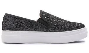Feversole Women's Glitter Black Platform Slip On Sneaker Casual Flat Loafers
