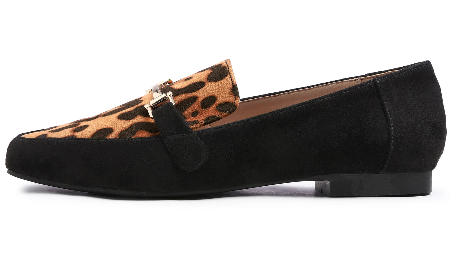 Feversole Women's Fashion Trim Deco Loafer Flats Black Leopard Faux Suede