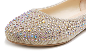 Feversole Women's Rhinestone Flat Shoes Sparkly Embellished Party Wedding Dress Ballets Gold Lurex