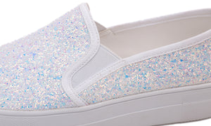 Feversole Women's Glitter Multi White Platform Slip On Sneaker Casual Flat Loafers