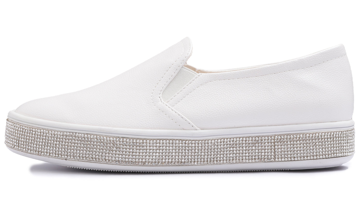 Feversole Women's Fashion Slip-On Sneaker Casual Platform Loafers White Silver Rhinestone Shoes