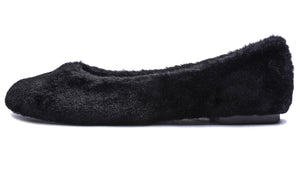 Feversole Women's Fashion Round Toe Puffy Warm Comfort Home Indoor Winter Soft Ballet Slippers Black Plush