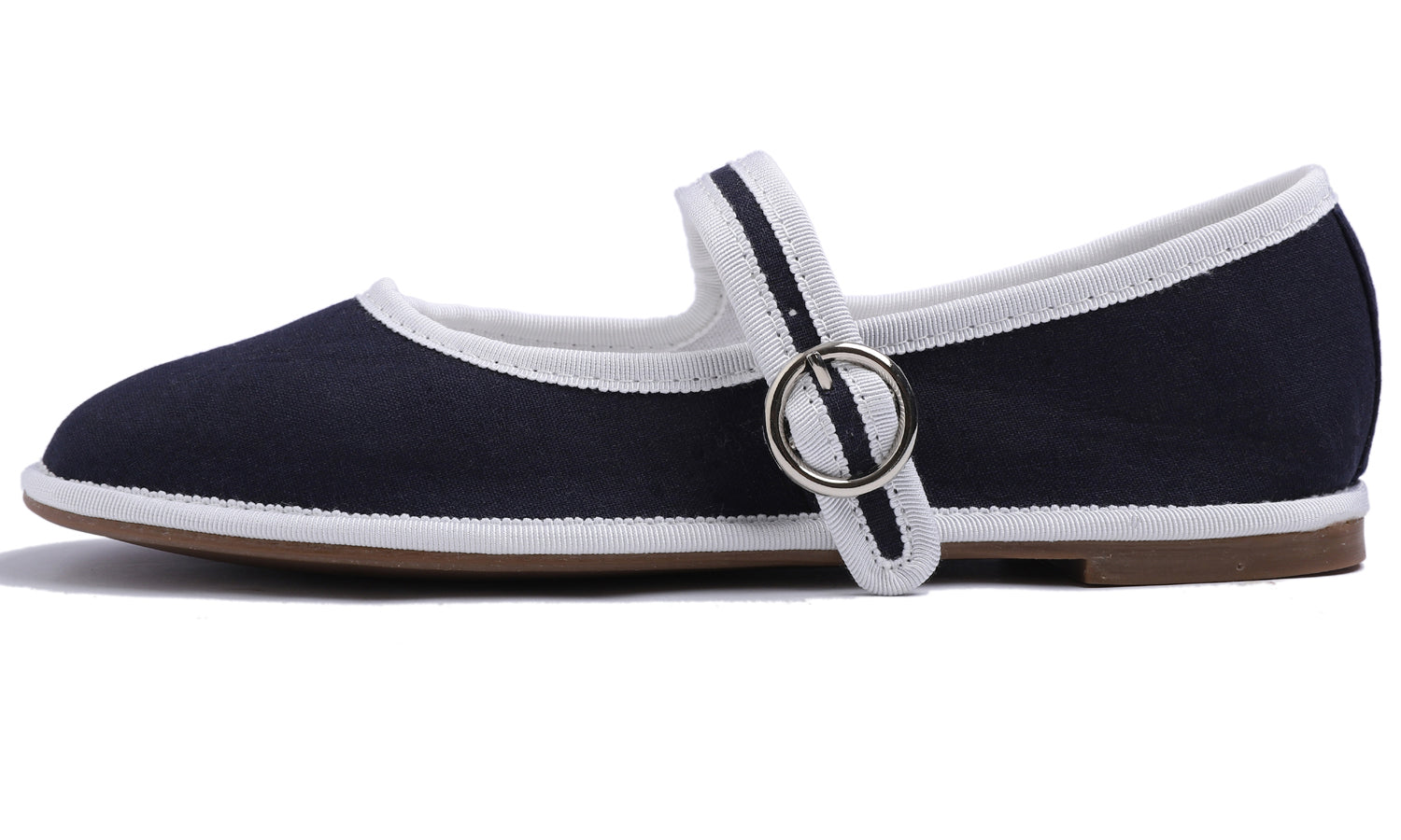 Feversole Women's Soft Breathable Mary Jane Memory Foam Cushioned Comfort Round Toe Metal Buckle Flats Walking Shoes Navy Blue Canvas
