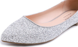Feversole Women's Sparkle Memory Foam Cushioned Colorful Shiny Ballet Flats Glitter Ice Silver Pointed