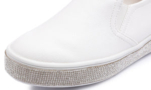 Feversole Women's Fashion Slip-On Sneaker Casual Platform Loafers White Silver Rhinestone Shoes