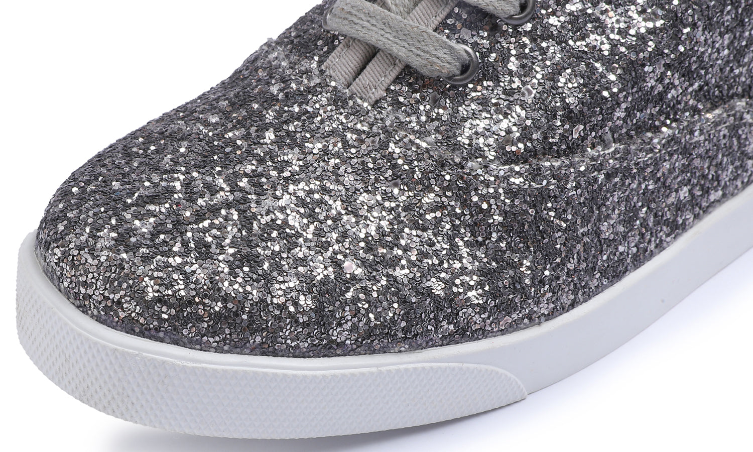 Feversole Women's Fashion Dress Sneakers Party Bling Casual Flats Embellished Shoes Pewter Plimsolls Glitter Lace
