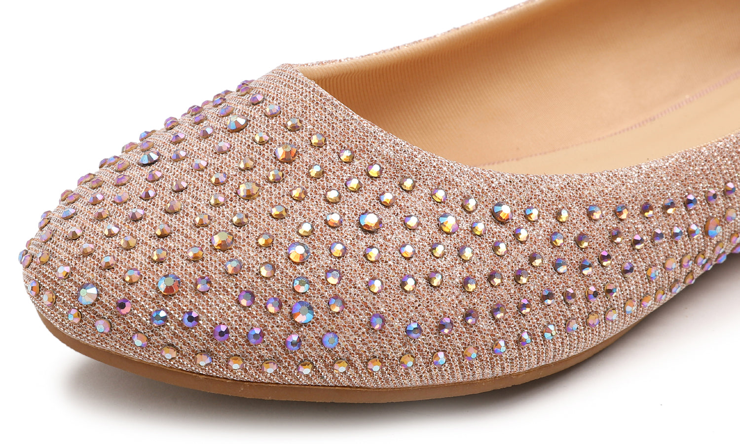 Feversole Women's Rhinestone Flat Shoes Sparkly Embellished Party Wedding Dress Ballets Rose Gold Lurex
