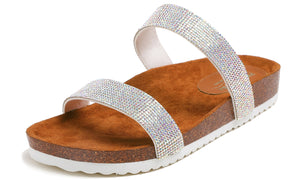Feversole Women's Fashion Sparkle Slide Sandals Soft Cork Footbed Comfort Flats AB Silver Rhinestone