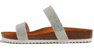 Feversole Women's Fashion Sparkle Slide Sandals Soft Cork Footbed Comfort Flats AB Silver Rhinestone